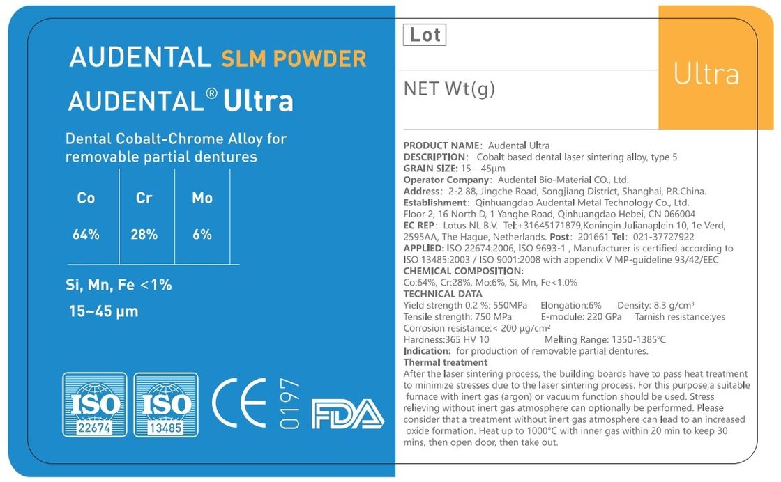 Audental Ultra SLM 파우더 CoCrMo 소재, CE FDA IdentAlloy 인증 치과용 3D 금속 프린팅